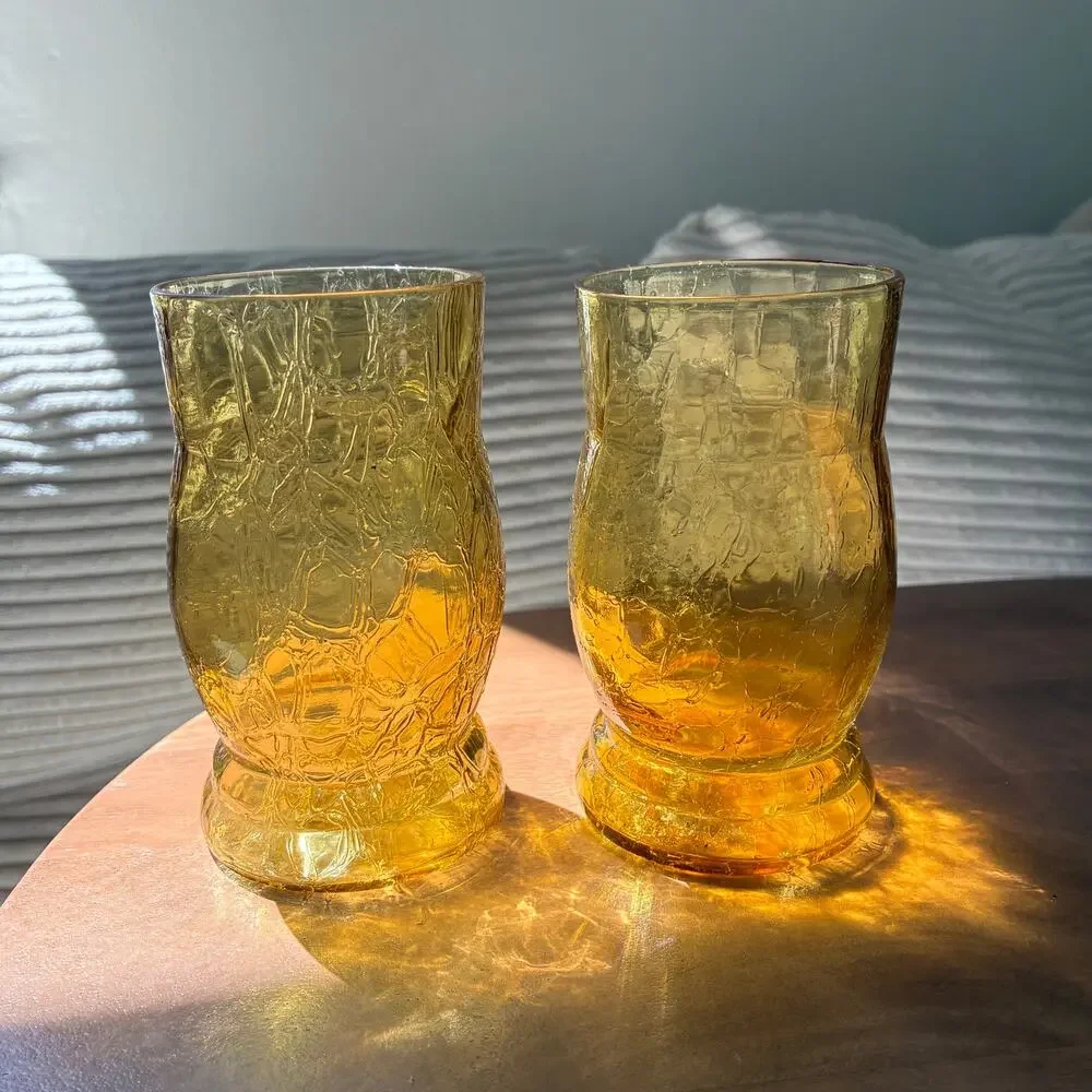 Vintage Anchor Hocking Lido Amber Glass Mid-Century Modern Crinkle Glass Set 2